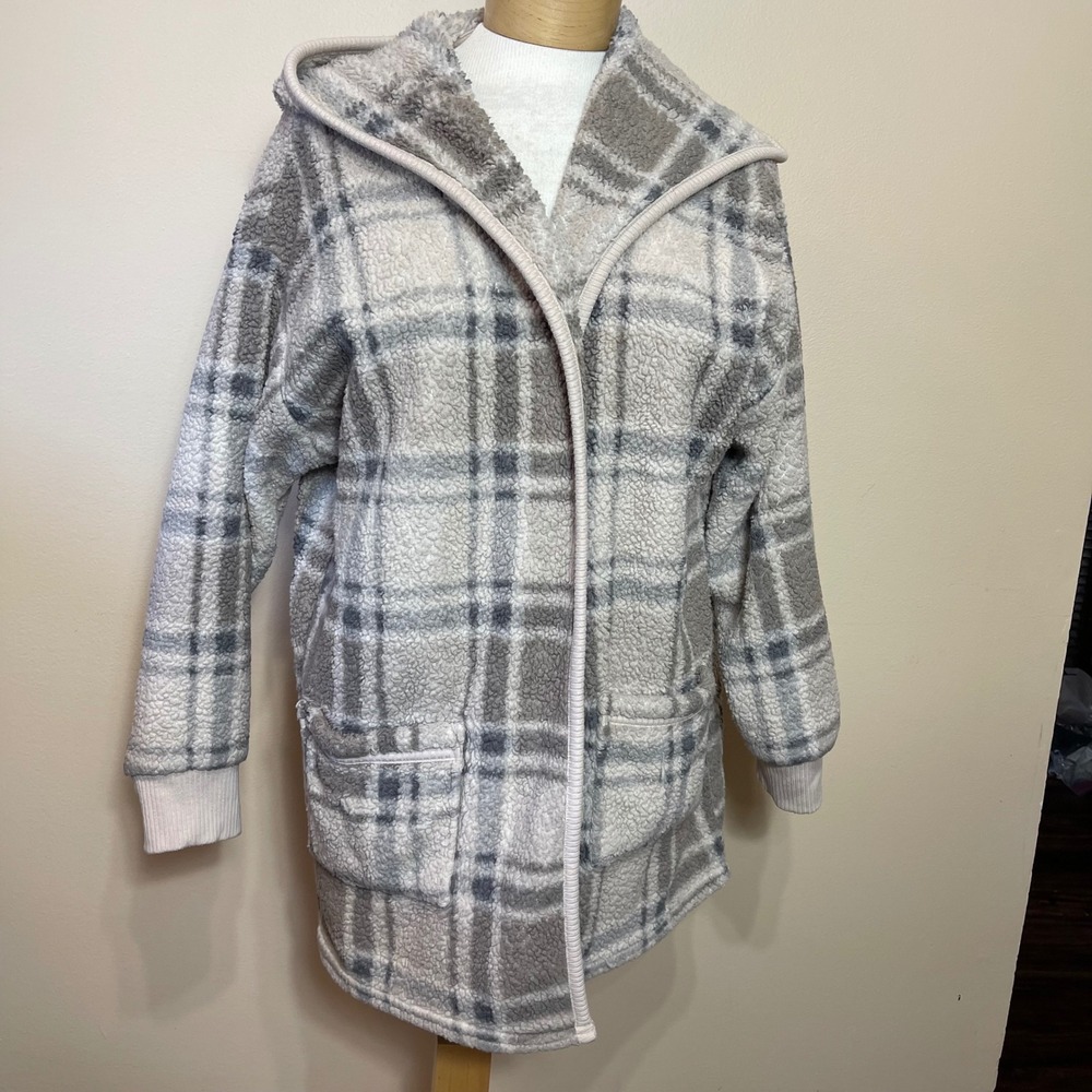 Koolaburra by UGG Womens Grey Plaid Sherpa Hooded Open Front Oversize Jacket